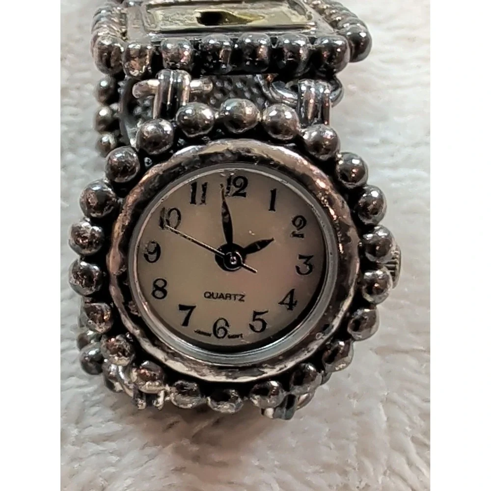 Vintage Mixed Stone Panel Bracelet Watch Silver Tone Japan Quartz Boho‎ Style
